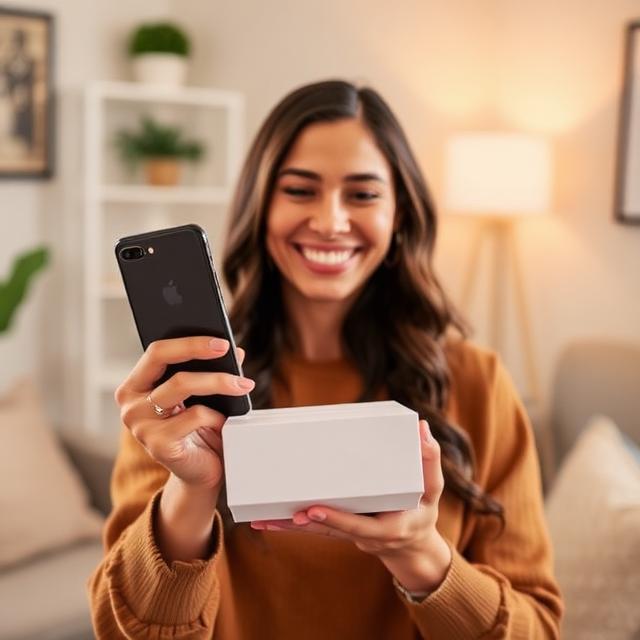 Woman receiving her free government smartphone through the Lifeline program