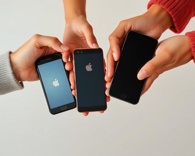 People holding free government iPhones and smartphones received through the Lifeline program